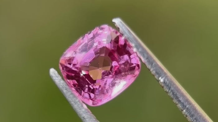 Video showcasing a 1.07-carat pink natural spinel gemstone with eye-clean clarity. Highlights vibrant colour and detailed views from multiple angles. Sourced from Mogok, Myanmar.